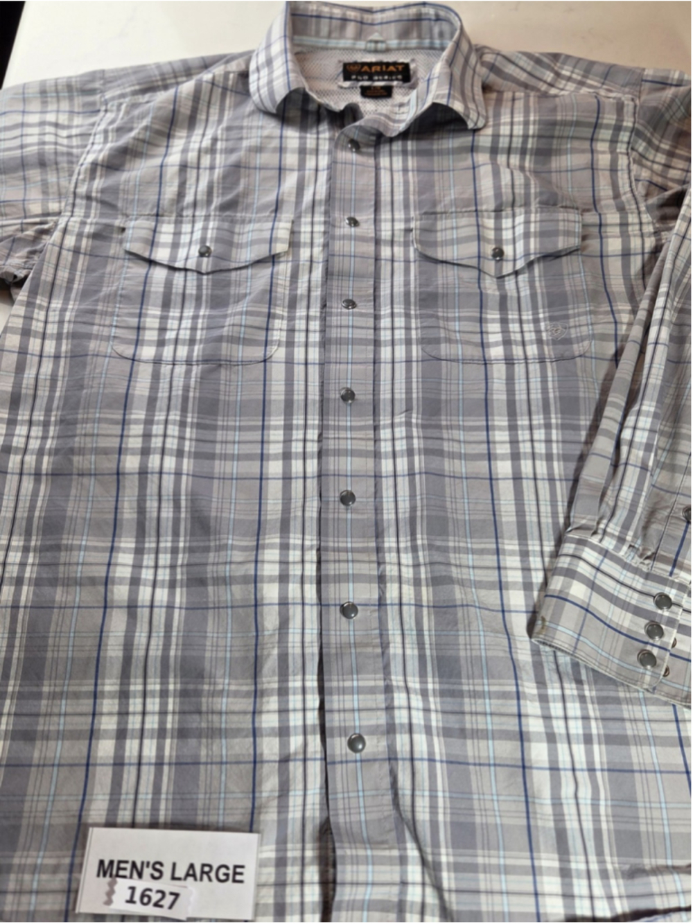 Ariat Pro Series Men's Large Gray Blue Plaid Western Snap Shirt Long Sleeve 1627